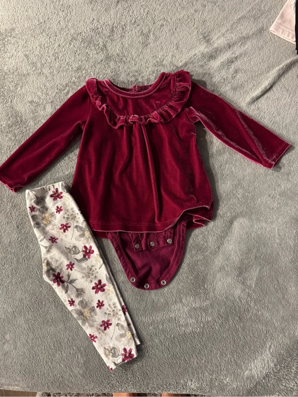 Carter's Burgundy Velvet Ruffle Bodysuit with Floral Leggings